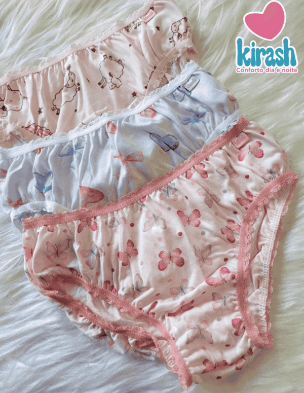 Kit com 3 Calcinhas Infantil Estampada Kirash Tamanho 4 ao 8 | Consultar Cores e Tamanhos