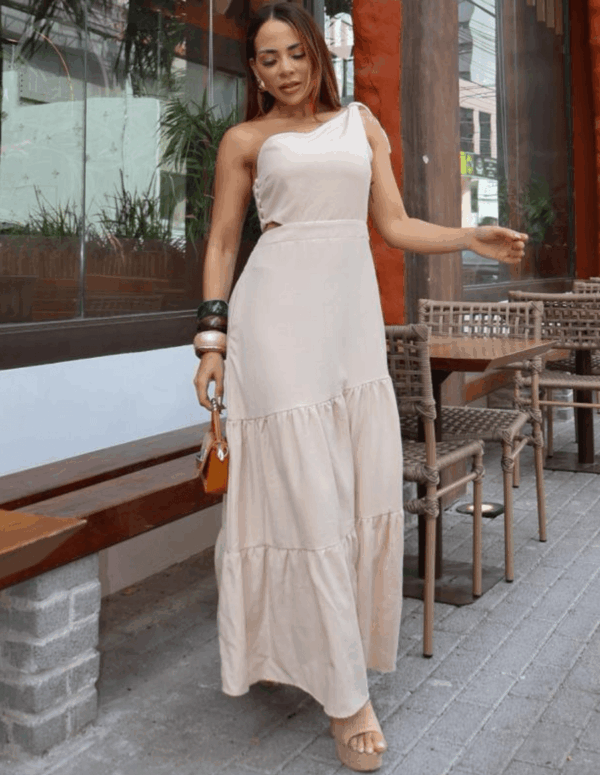 Vestido Longo Feminino Ombro Só com Detalhe Lateral